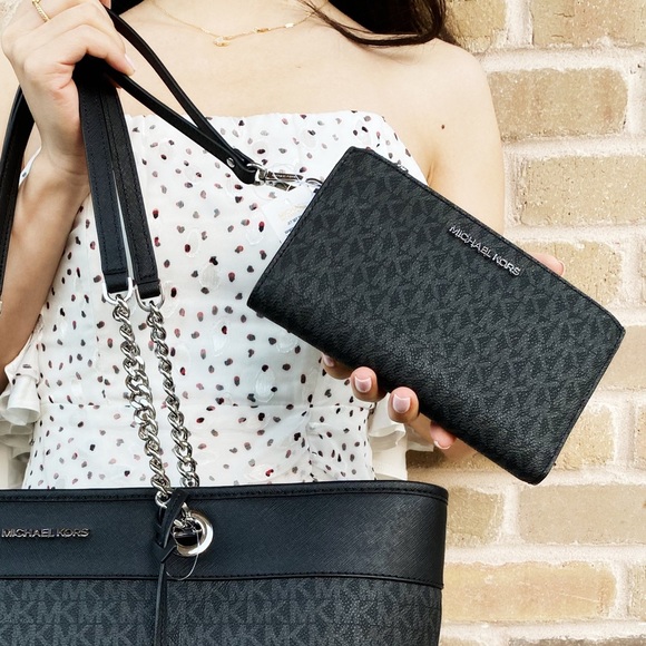 Michael Kors Jet Set Travel Double Zip Phone Wallet MK Black - Picture 3 of 12